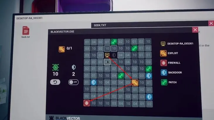 The BlackVector grid with the move counter, shields and wrench tiles