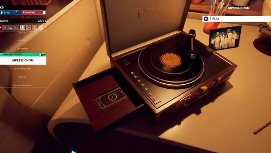 The record player in Miranda's room with the lettered button drawer below it