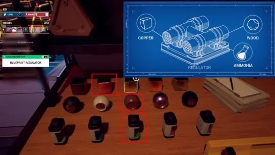 The printer's material slots with the regulator blueprint showing Copper, Wood and Ammonia