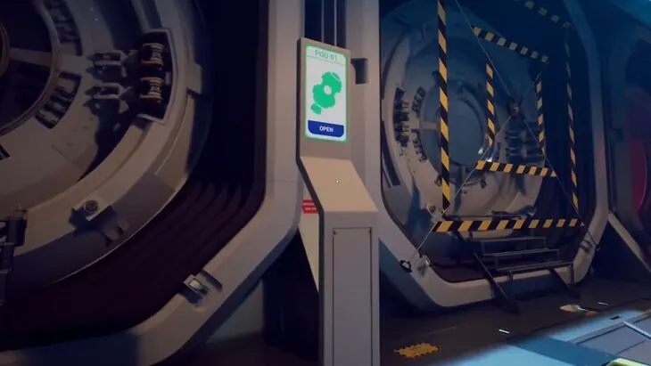 Pod 01 in the Pod Bay with the Open button on its screen