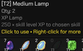Tooltip for a T2 Medium Lamp, an XP lamp that gives 250 times the skill level in XP to a skill you choose