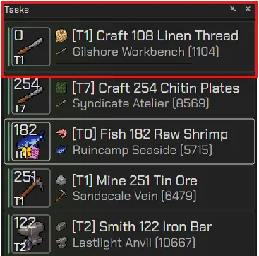 The task bar with the active task, T1 Craft Linen Thread, at the top, and below it queued tasks for T7 Craft Chitin Plates, T0 Fish Raw Shrimp, T1 Mine Tin Ore and T2 Smith Iron Bar, each with its location and distance