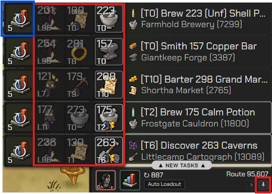 The expanded task bar showing three task choices per row, with the thumbtack button highlighted at the bottom right