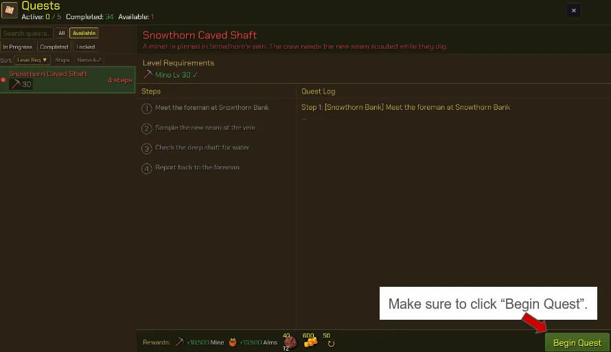 The Quests tab with a quest selected, showing its level requirements, its steps and the Begin Quest button at the bottom right