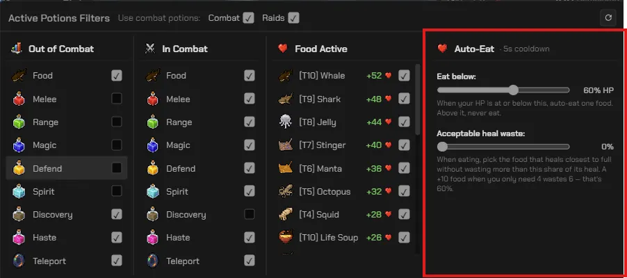 Food and potion settings with Auto-Eat highlighted: Eat below is set to 60 percent HP and Acceptable heal waste to 0 percent