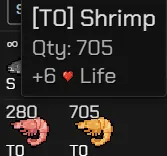 Tooltip for a T0 Shrimp, a cooked fish that restores 6 Life, shown above stacks of raw and cooked shrimp