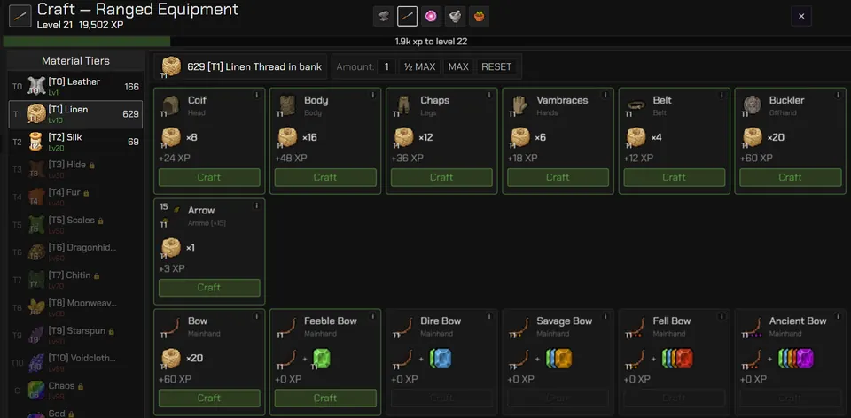 The Craft ranged equipment tab, with processed materials on the left and coifs, chaps, arrows and bows to make on the right