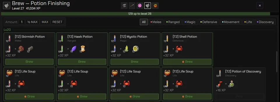 The Brew potion finishing tab, listing T2 combat potions and several Life Soup recipes alongside the ingredients each one needs