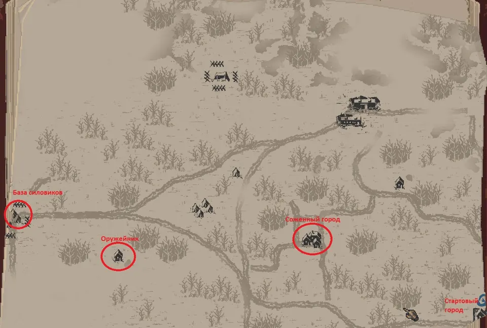 Annotated Scavland map showing the northwest road from the starting city to the burned city, gunsmith, and local security settlement