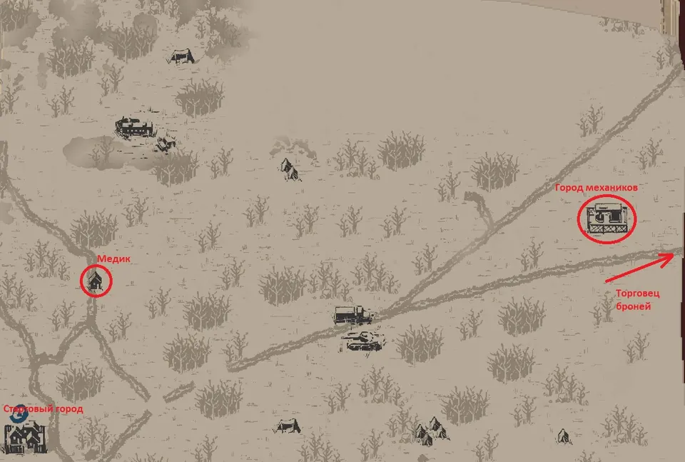 Scavland map marking the northeastern medic, mechanics' settlement, and the route to the far-eastern armor seller