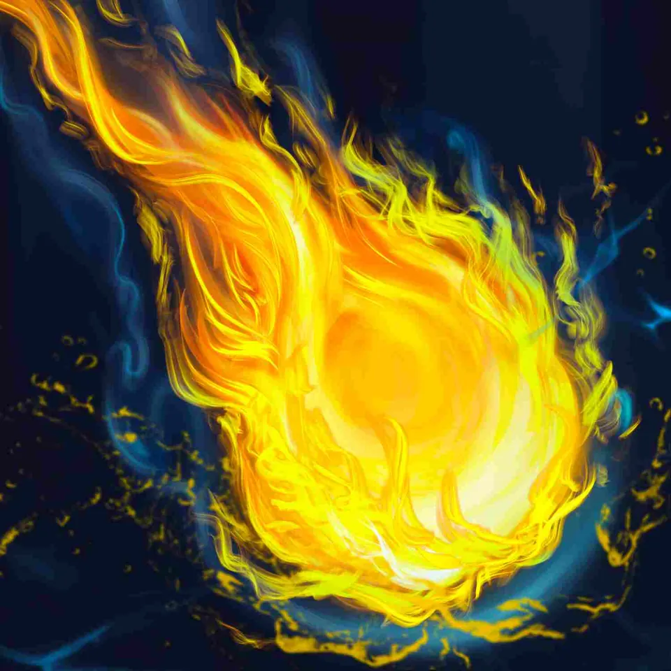 Flame Blast, a spinning fireball with blue smoke peeling off it