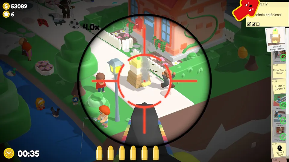 A robot by a village house with its spinning back part in the scope