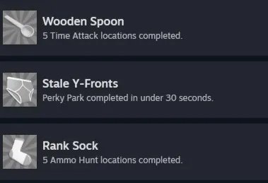 Achievement cards for Wooden Spoon, Stale Y-Fronts and Rank Sock