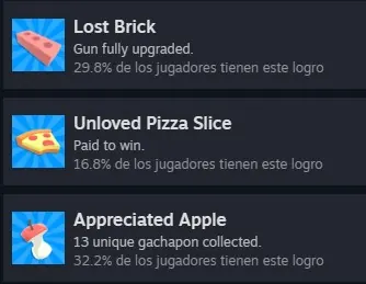 Achievement cards for Lost Brick, Unloved Pizza Slice and Appreciated Apple