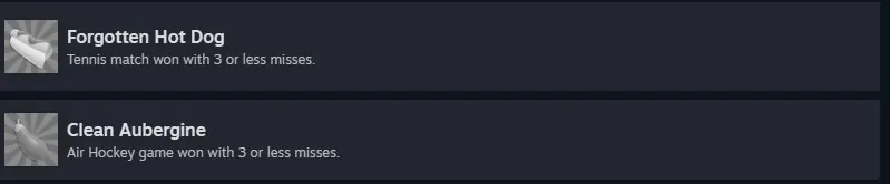 Achievement cards for Forgotten Hot Dog and Clean Aubergine