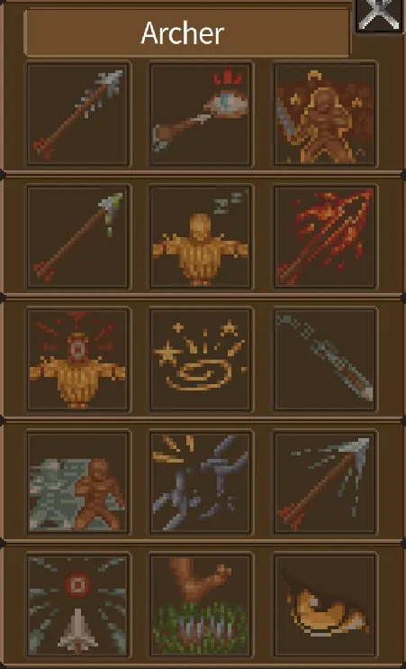 The Archer panel with its combat ability icons arranged in five rows