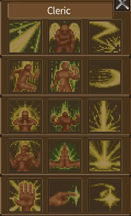 The Cleric ability panel filled with healing and radiant skill icons