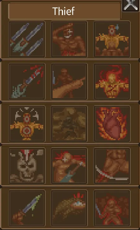 The Thief ability panel showing dagger attacks, critical hits, and evasive skill icons
