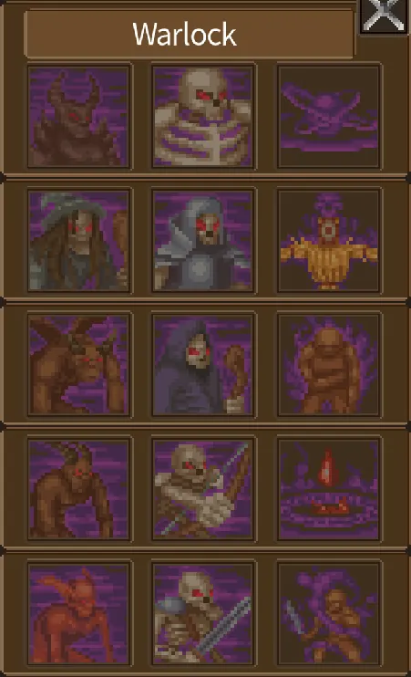 The Warlock ability panel with curses, necrotic magic, and summoned creature icons