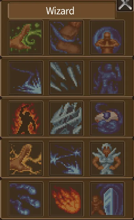 The Wizard ability panel with elemental spells, magical shields, and drain icons