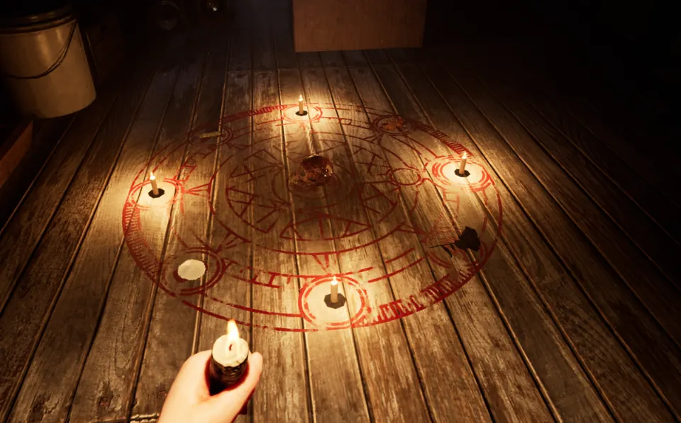 The attic ritual part way through: the player's own lit candle in the foreground, four candles burning around the circle and one still unlit