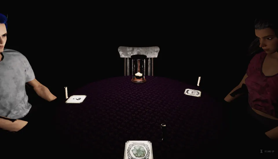 Two other players across the Clovers of Doom table, an hourglass in the middle, a candle at each seat and the near player's card turned over to a clover