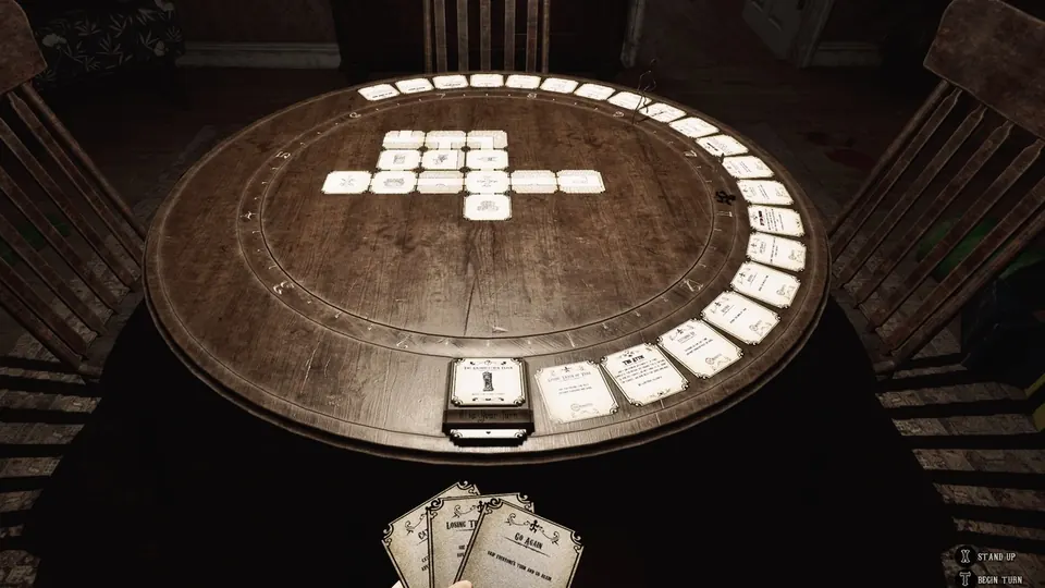 The round table part way through a game, with the cabin layout grown out in the centre, the clock track ringing it, played cards around the outer edge and the card holder rotated to face the player.