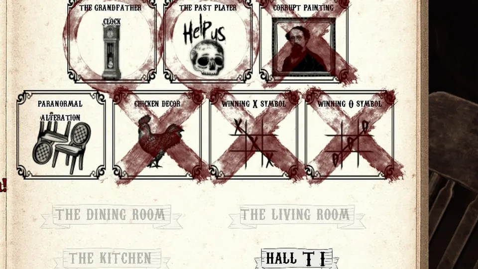The Discovered Clues page in the manual, with two clue types ringed in red as identified, four crossed out, and the room names below greyed out apart from the one still in play.