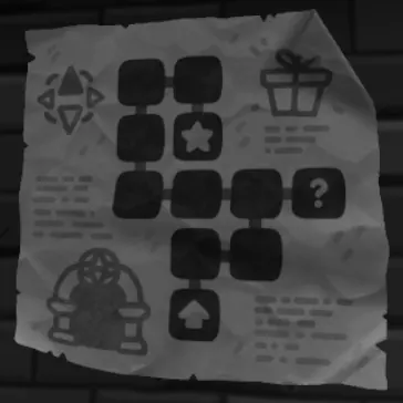 The catacombs map pinned to the tavern wall, showing the start arrow, a star room and the question mark room