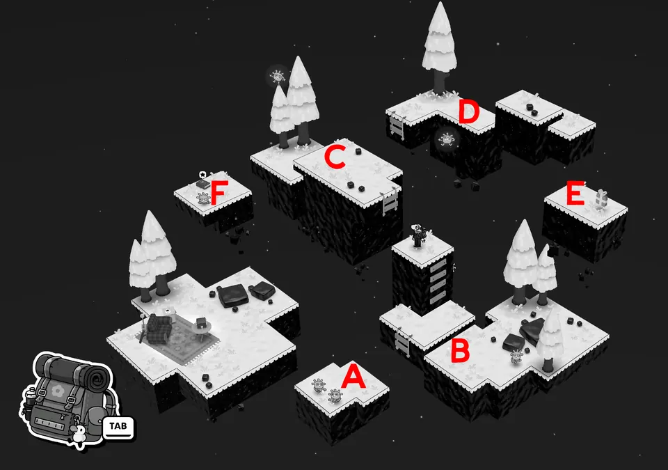 Floating snowy islands inside the professor's dream, lettered A to F, with the book waiting on island F