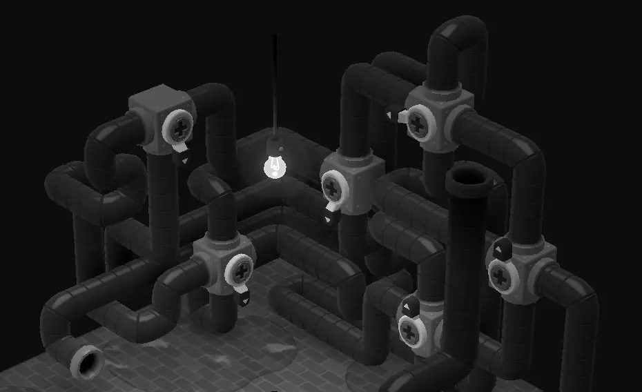 The pipe maze in Plum's downstairs maintenance room with every screw turned to its solved position