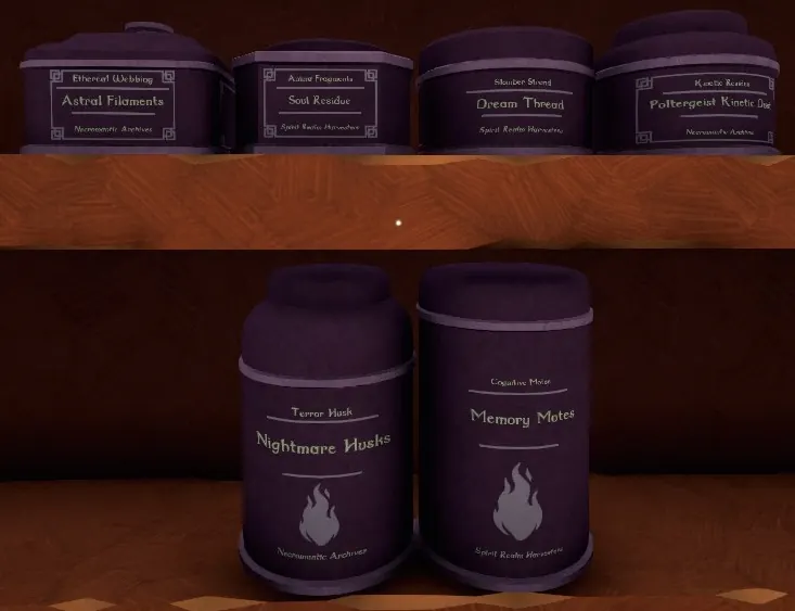 Ethereal boxes on their shelf, dark purple tins with a pale flame, such as Nightmare Husks and Memory Motes