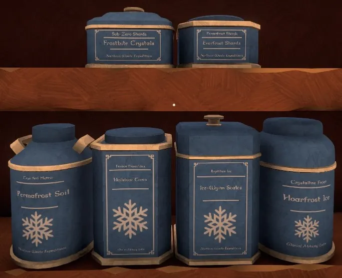 Cryogenic boxes with snowflake labels, from Frostbite Crystals to Hoarfrost Ice