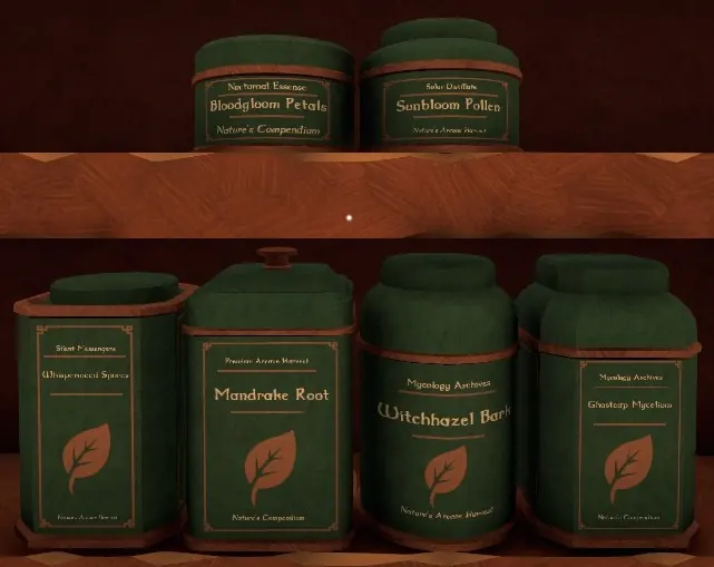 Botany boxes with leaf labels, such as Mandrake Root and Witchhazel Bark