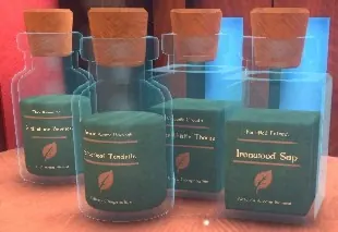 Botany vials, with Ironwood Sap in a square bottle at the front