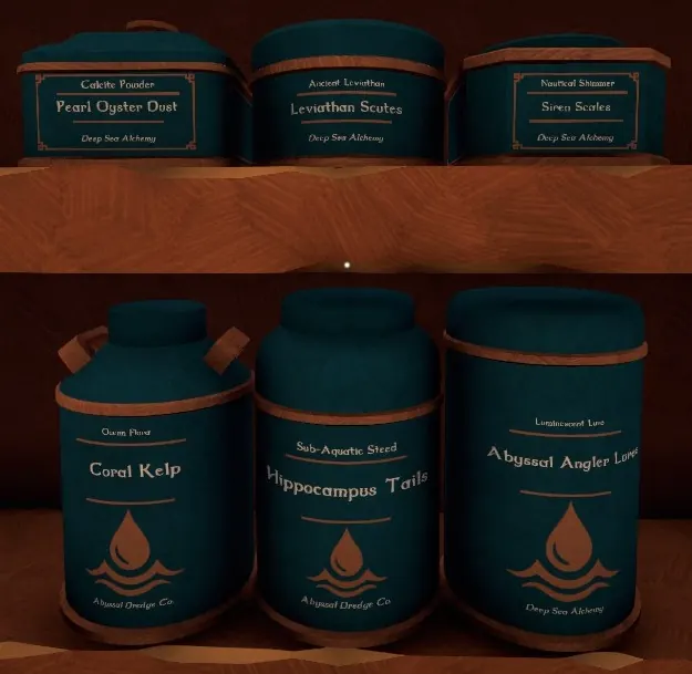 Aquatic boxes with water-drop labels, Coral Kelp and Abyssal Angler Lures among them