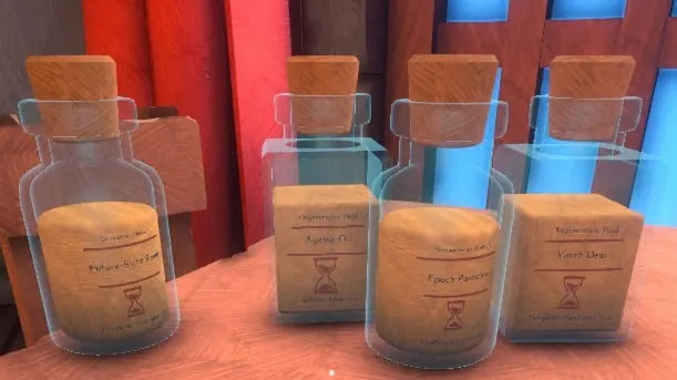 Chronomantic vials with cream labels, two square bottles and two round