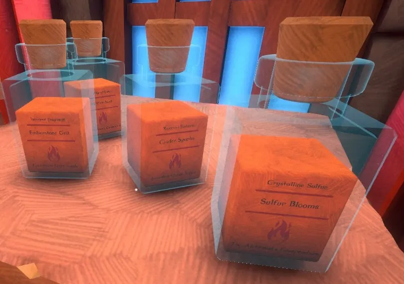 Pyromantic vials in cube-shaped bottles, including Sulfur Blooms