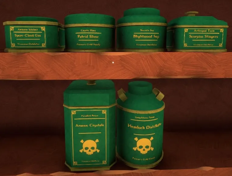 Venoms boxes with skull labels, such as Putrid Slime and Arsenic Crystals