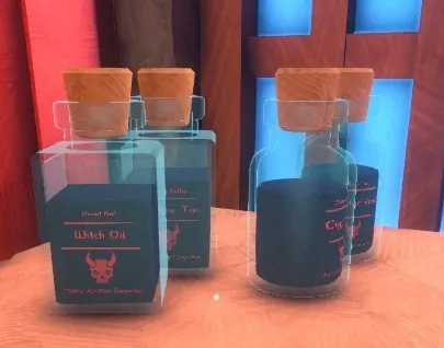 Abyssal vials, with Witch Oil in a square bottle