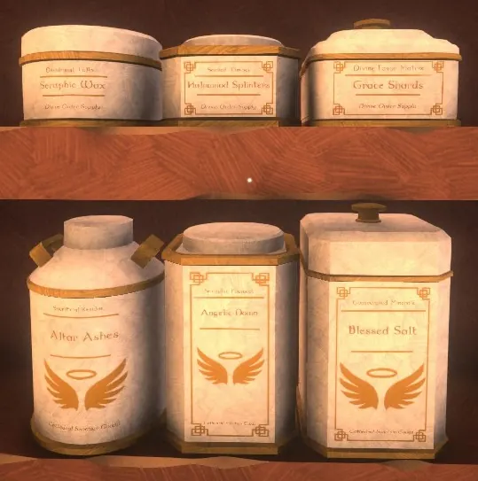 Divine boxes with winged labels, including Seraphic Wax and Blessed Salt