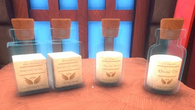 Divine vials: two square bottles and the round Divine Oil and Supernal Mana