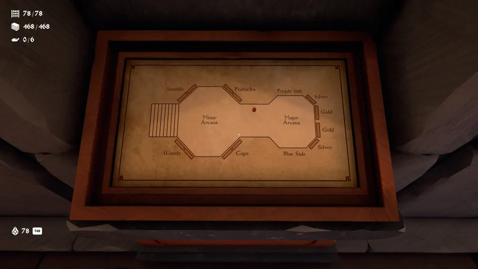 The Map 1 table map with the counters at 78/78 card types and 468/468 cards, every tarot card placed