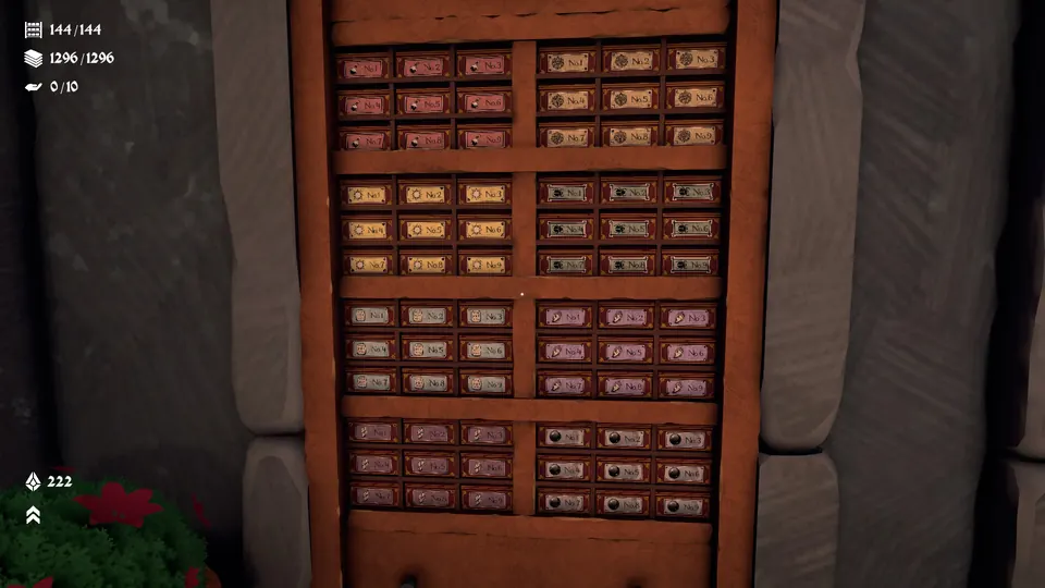 A completed wand cabinet with the counters at 144/144 and 1296/1296, its slots filled in three by three blocks numbered No.1 to No.9