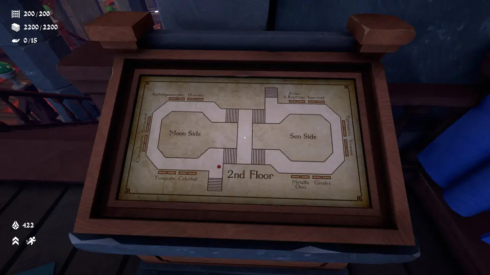 The Map 3 2nd floor map, with six sections on each side: Anthropomorphic, Draconic, Enchanted, Chronomantic, Tempests and Celestial on the Moon Side, Avian & Reptilian, Insectoid, Pyromantic, Venoms, Metallic Ores and Geodes on the Sun Side
